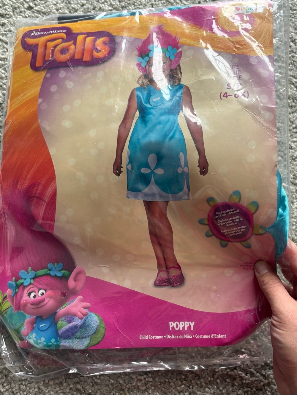 Trolls Poppy Blue Dress Costume Flower Headband NEW Small 4-6X Halloween